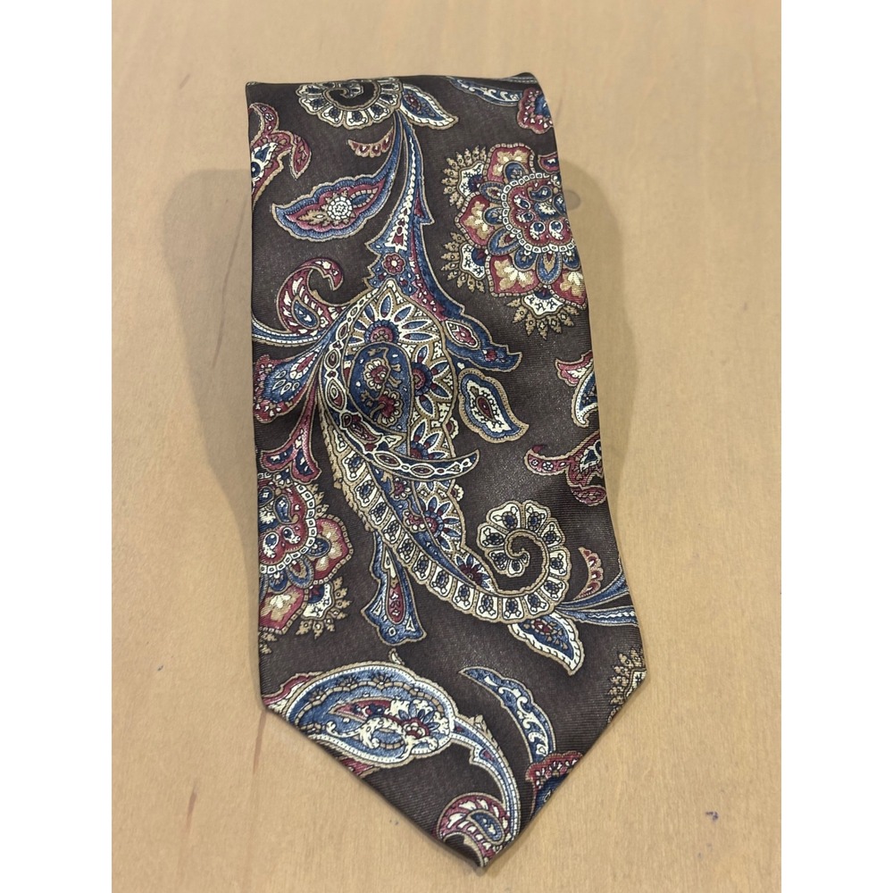 Mallory & Church Ltd Mens Silk Tie Brown Blue Paisley Floral Made in Costa Rica